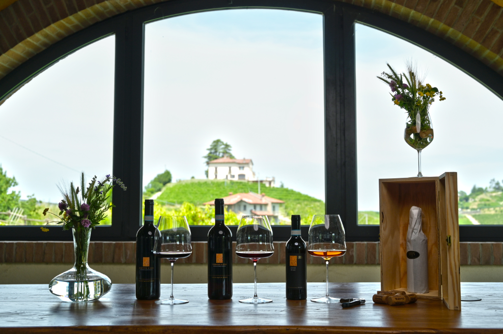 Sala degustazione di Cantina Metilde con dettaglio di bottiglie dei loro vini